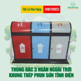 Thùng Rác Ngoài Trời Ba Ngăn Bằng Thép Phun Sơn Tĩnh Điện